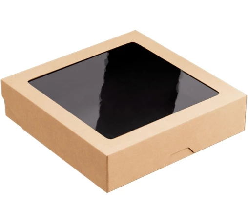 Крафт коробка с окошком, 1500 мл, 200*200 мм, черная, 10 шт