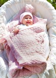 Конверт-одеяло вязаный полушерстяной с подкладкой велсофт розовый 100*100 3-6мес 6214