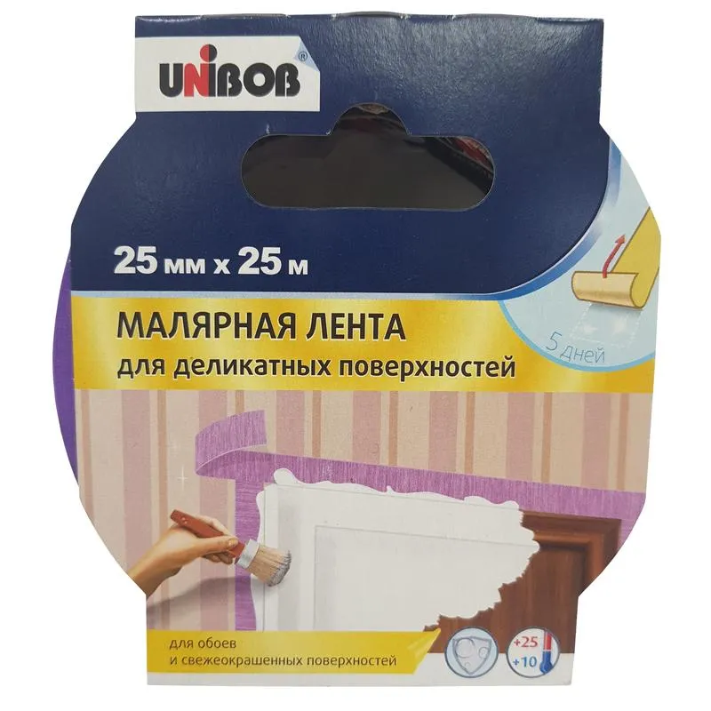 Клейкая лента малярная для деликатных поверхностей UNIBOB, 25мм х 25м